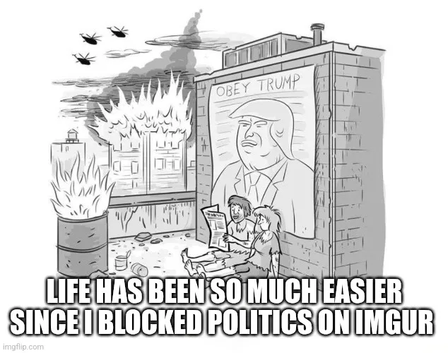 A black-and-white cartoon depicts a chaotic scene with burning buildings, helicopters, and a large propaganda-style poster…
