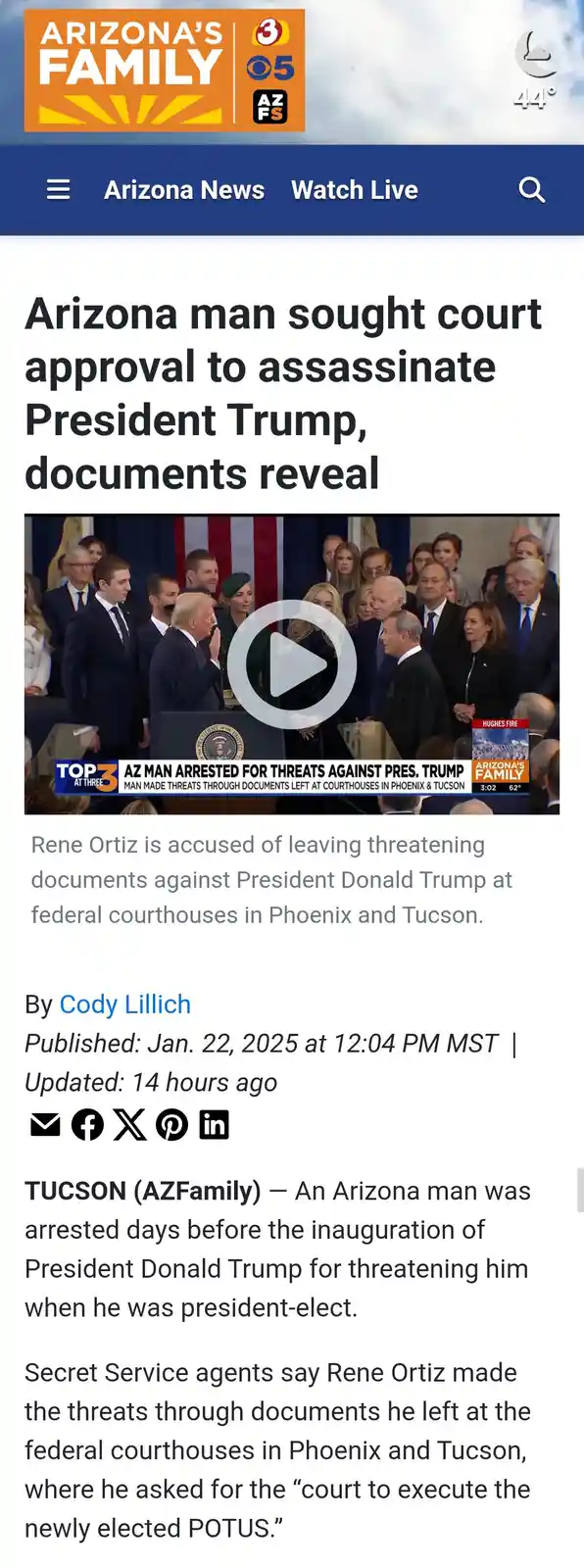 A screenshot of an Arizona Family news article with a headline about an Arizona man seeking court approval to assassinate…