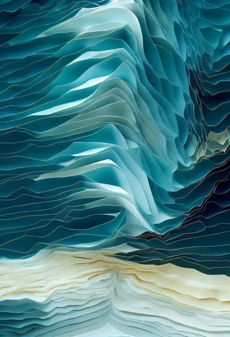 The image displays an abstract, layered artwork with flowing, wavy lines in shades of teal, blue, and cream, resembling…