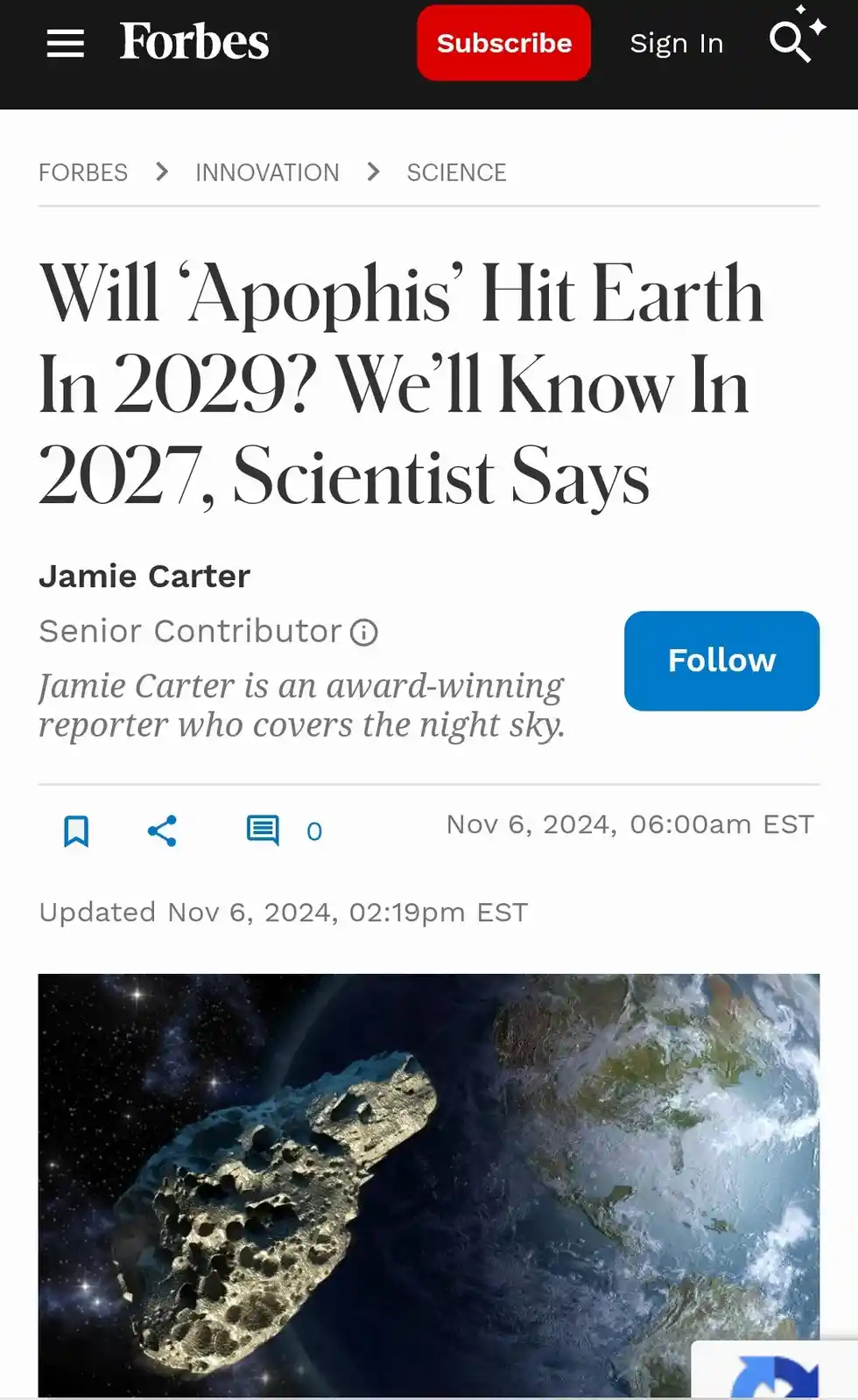 A screenshot of a Forbes article titled 'Will ‘Apophis’ Hit Earth In 2029? We’ll Know In 2027, Scientist Says' shows an…