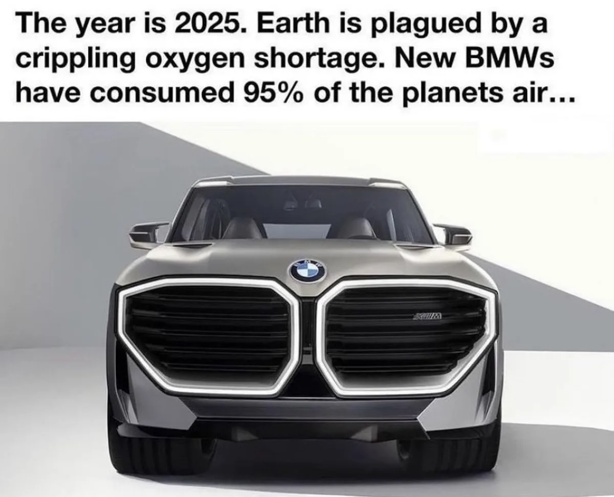 A front-facing photo of a modern silver BMW SUV with a large, distinctive double-kidney grille. The overlaid text reads…