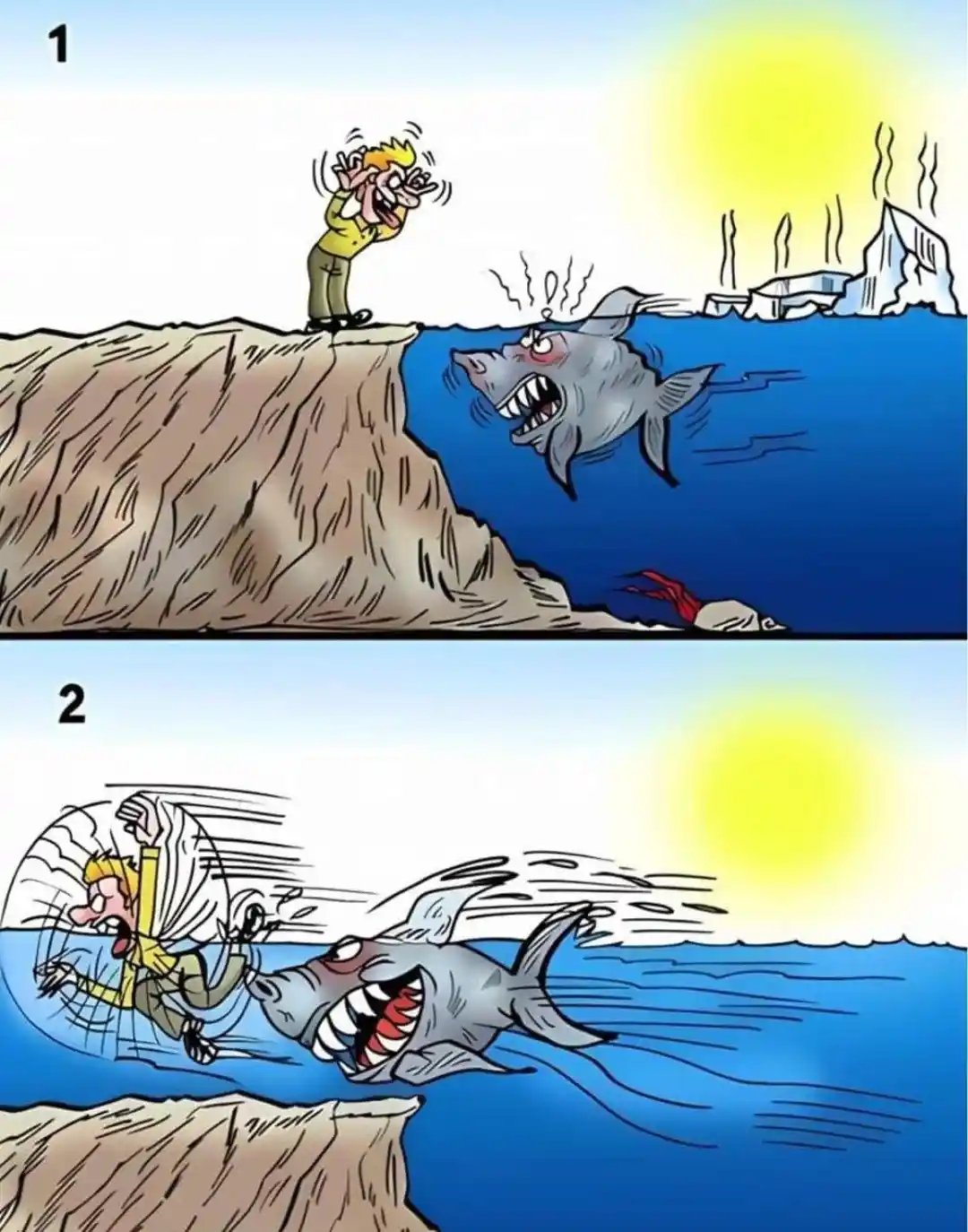 A two-panel cartoon shows a man on a cliff edge screaming as a shark leaps from the water to attack him, with a dead body…