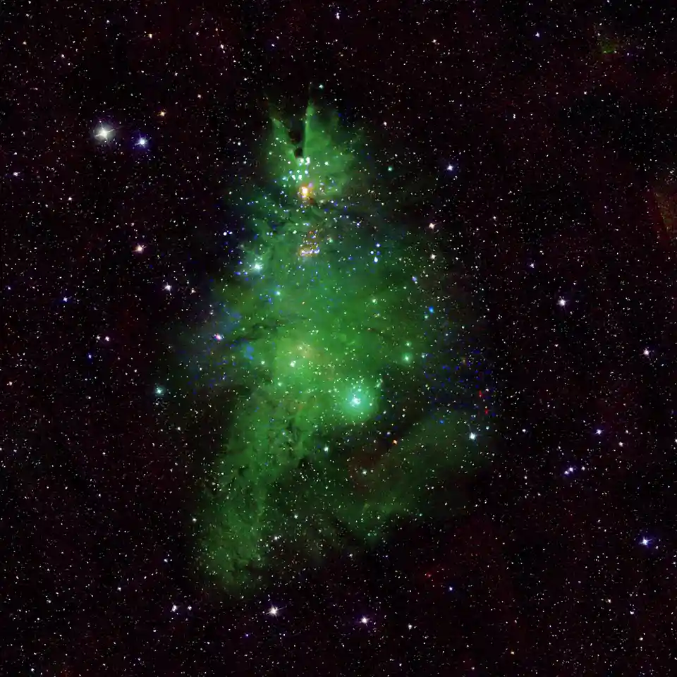 a vibrant green nebula in deep space, shaped like a Christmas tree with stars scattered across the black background…