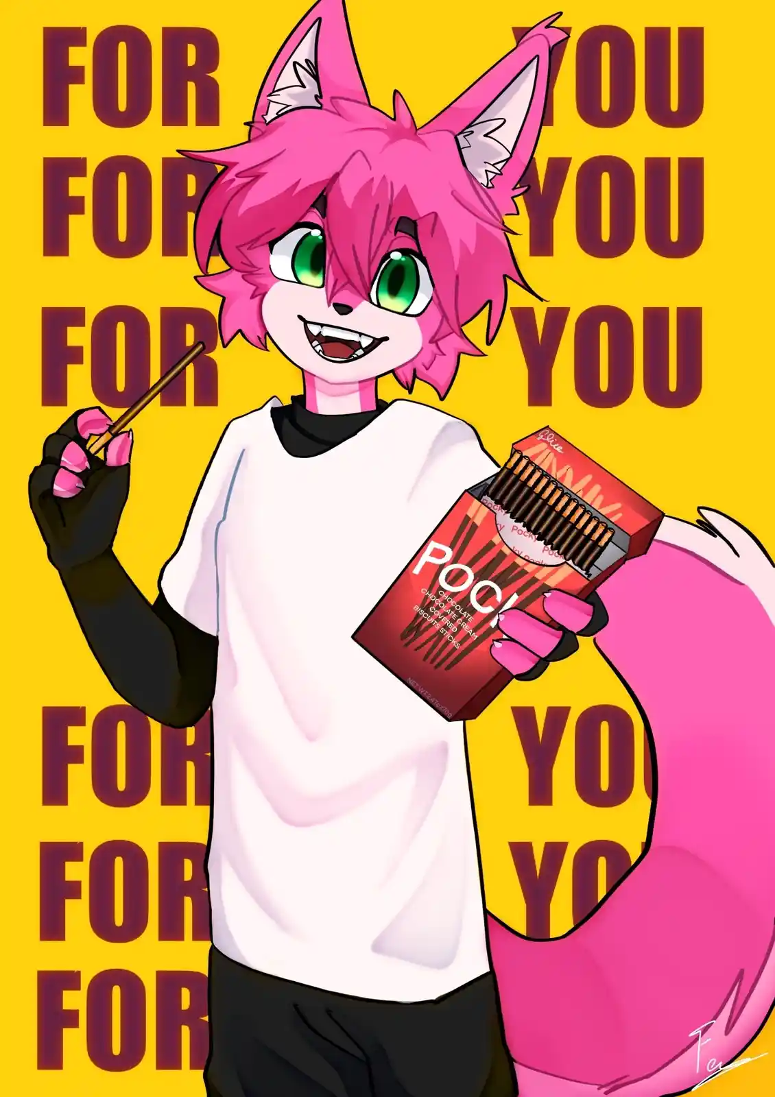 A pink-furred anthropomorphic fox with green eyes, wearing a white t-shirt and black gloves, holds an open box of Pocky…