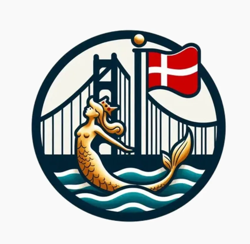 A stylized circular logo features a golden mermaid with a crown swimming in teal waves in front of a simplified Golden Gate…