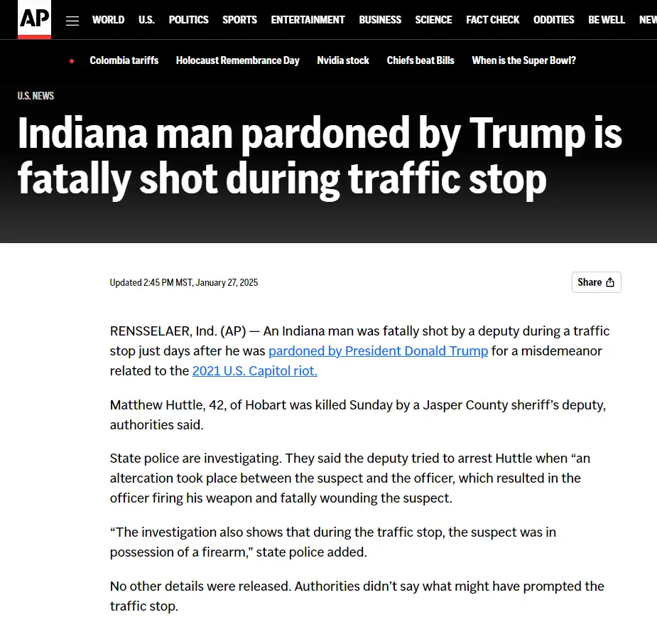 A screenshot of an AP News article with a large headline reading 'Indiana man pardoned by Trump is fatally shot during…