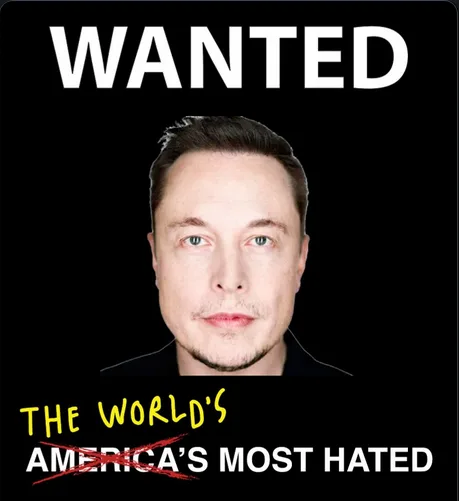A wanted poster features a portrait of Elon Musk against a black background. The word 'WANTED' is in large white text at the…