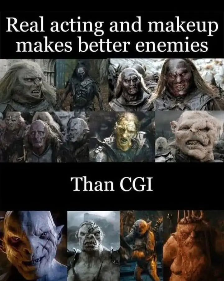 The image is a meme split into two sections. The top section displays a collage of menacing, physically transformed actors…