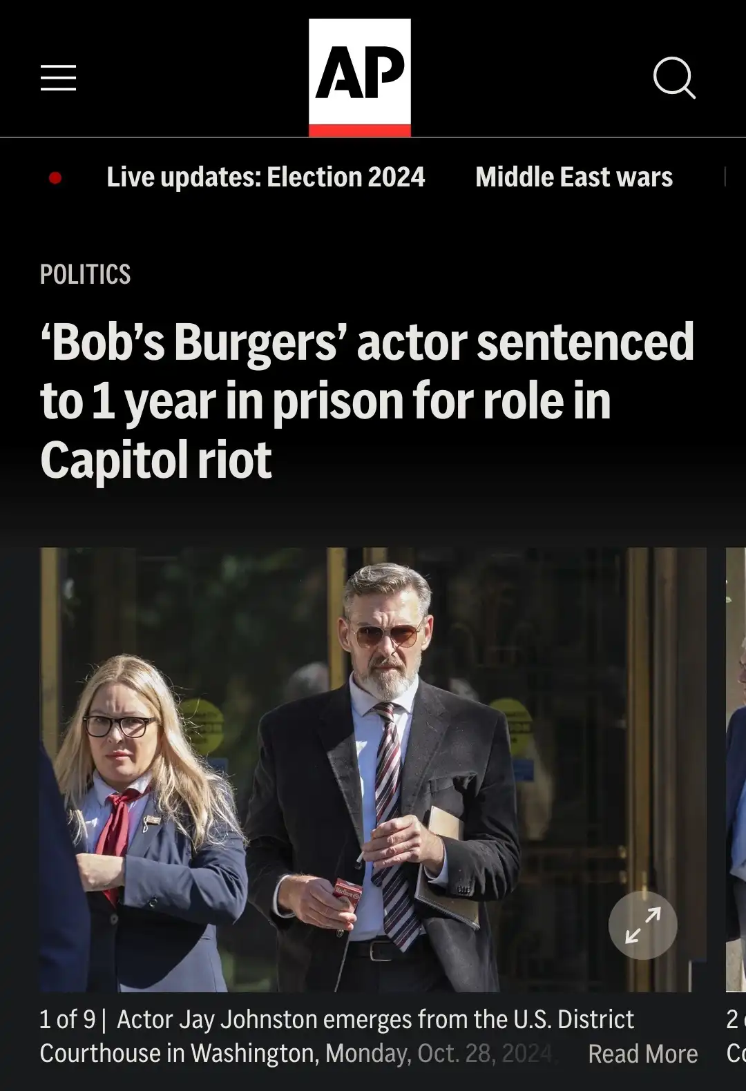A screenshot of an AP News article shows actor Jay Johnston walking out of a courthouse with a woman beside him. The…