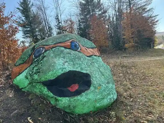 A large, mossy rock painted to resemble a green turtle with blue eyes, an orange mask, and an open mouth showing a red…
