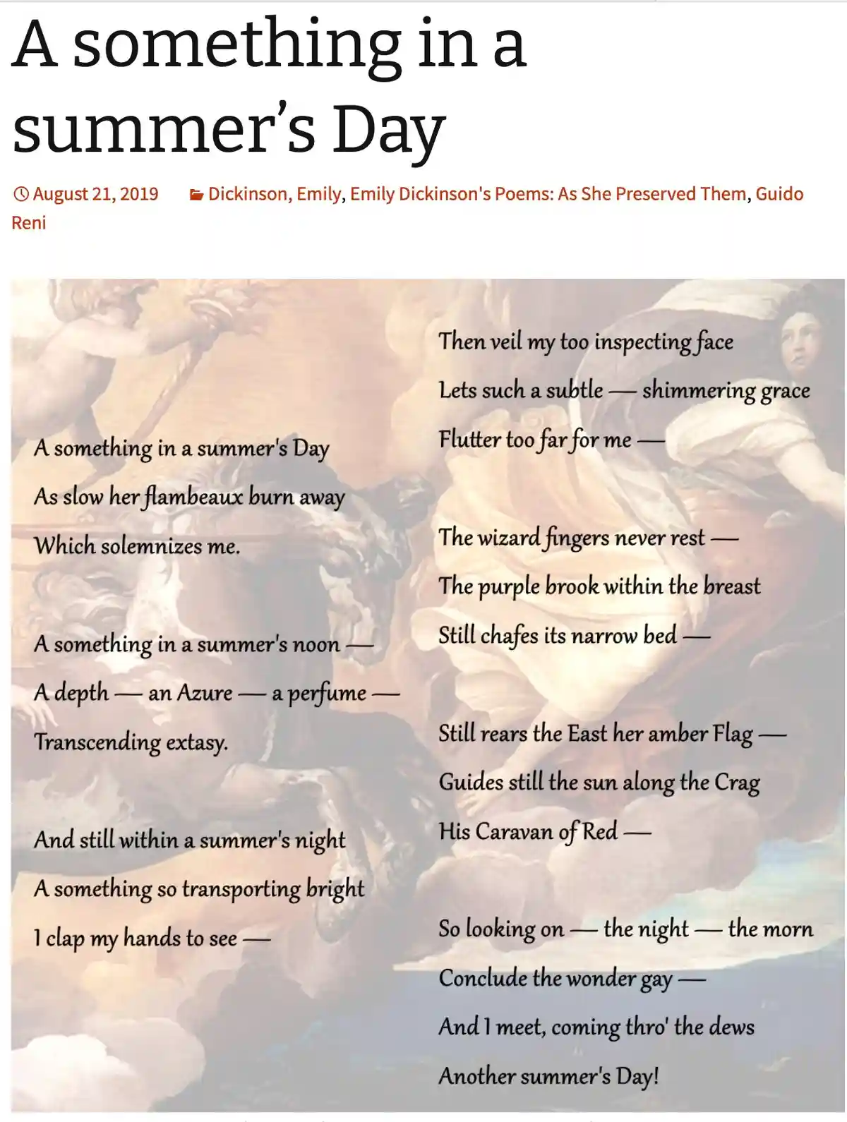 The image displays the full text of Emily Dickinson's poem 'A something in a summer's Day' overlaid on a classical painting…