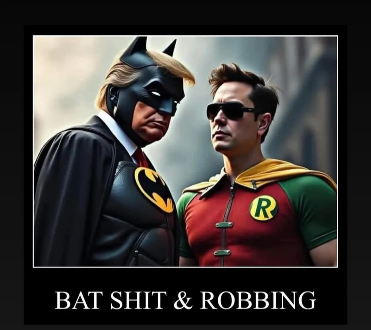 An image shows two men in superhero costumes: one as Batman with a mask and cape, and the other as Robin in a red and green…