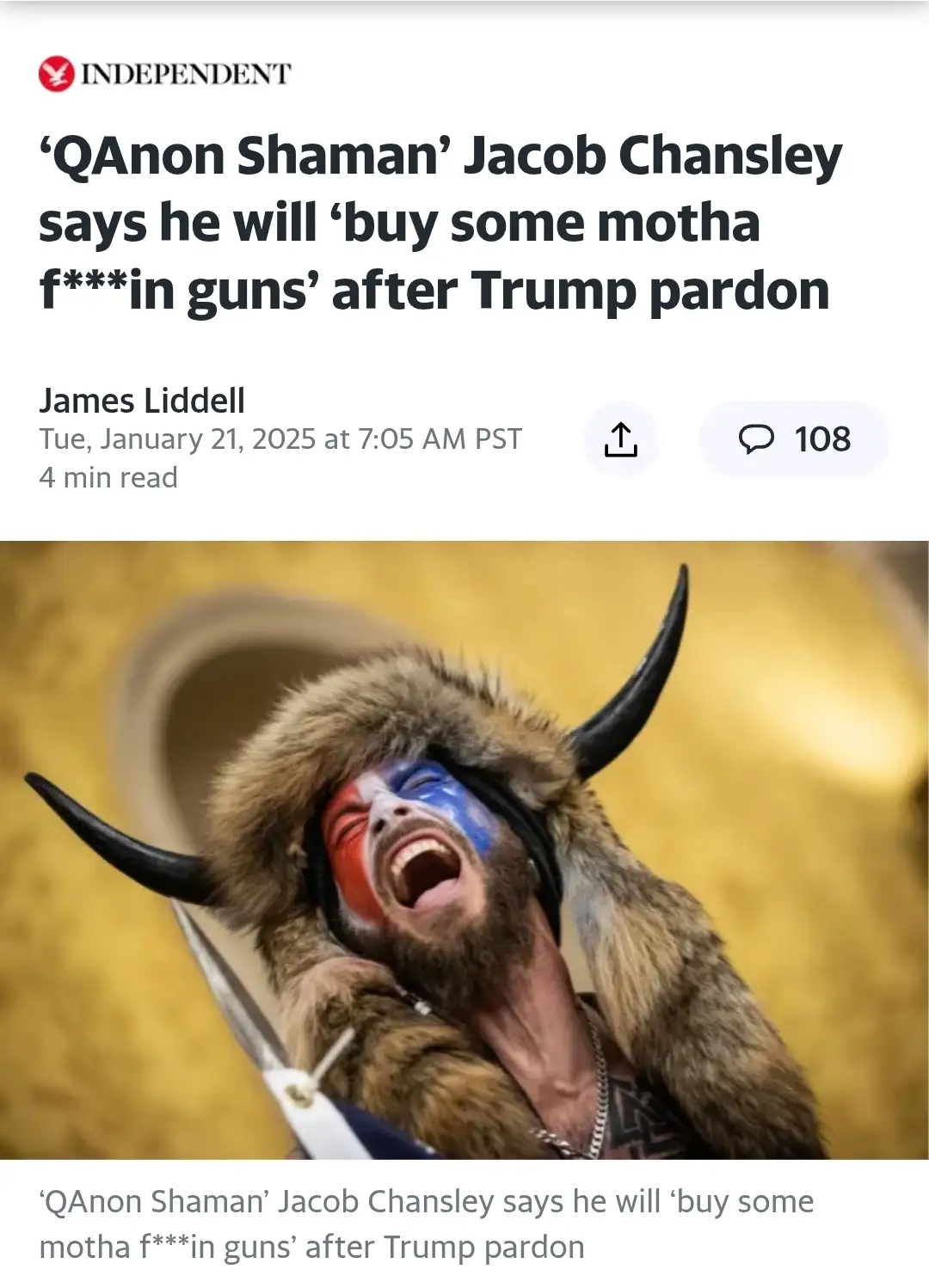 A screenshot of an Independent news article shows a man with red, white, and blue face paint, wearing a furry hat with black…