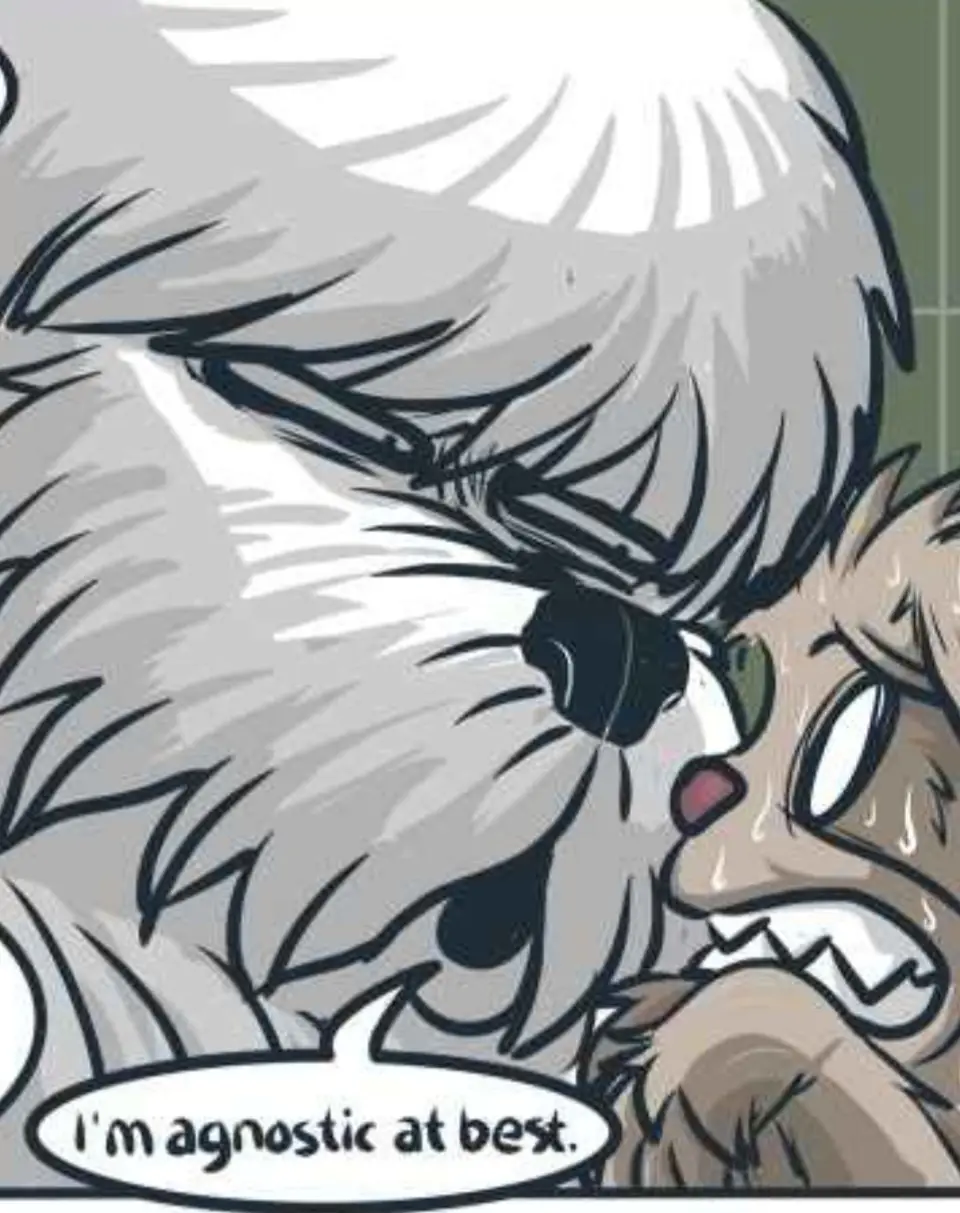 A cartoon illustration shows a large, fluffy white dog with a black eye patch and a green eye, leaning over a smaller…