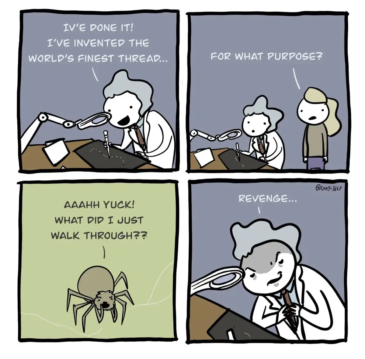 A four-panel comic shows a scientist proudly announcing an invention of 'the world's finest thread' to a colleague, who asks…