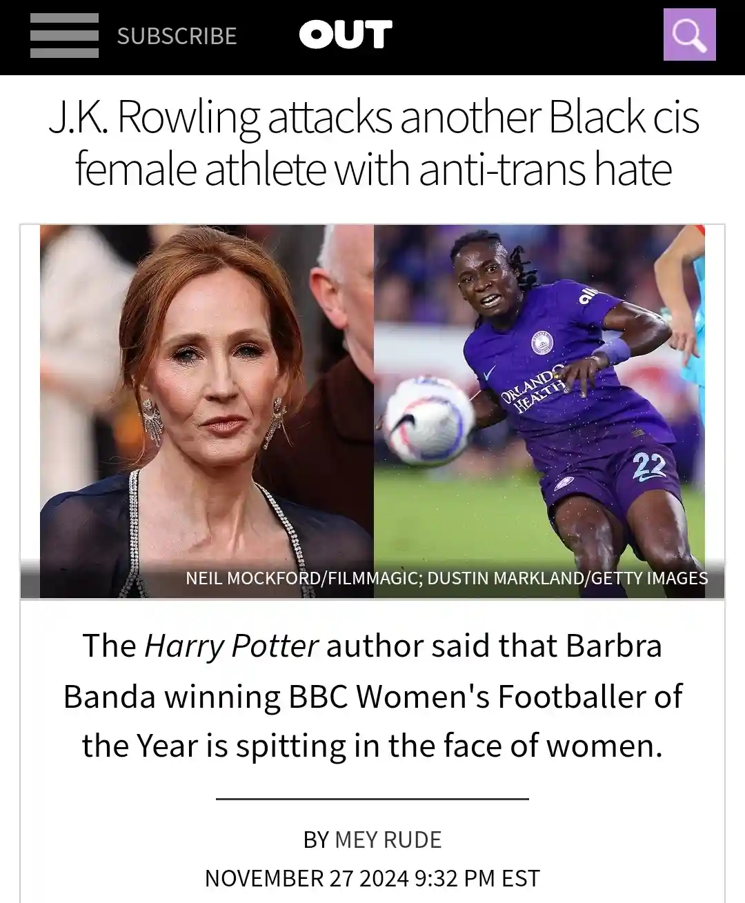 The image is a screenshot of an article from OUT magazine featuring a split photo: on the left, J.K. Rowling in formal…
