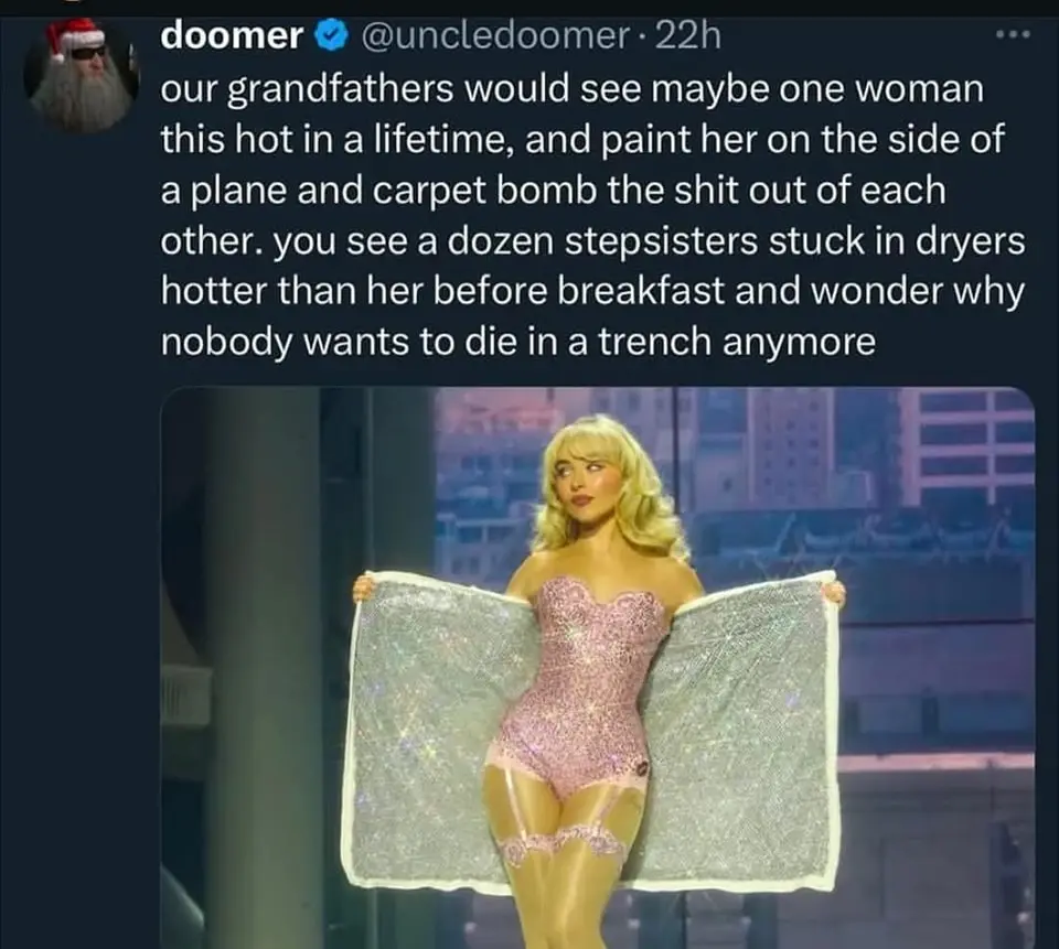 A screenshot of a tweet by 'doomer' shows a woman with blonde hair wearing a sparkly pink bodysuit and holding up two…