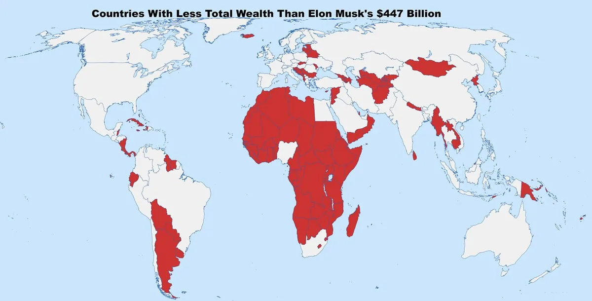 A world map with countries colored red or white, indicating which nations have total wealth less than Elon Musk's $447…