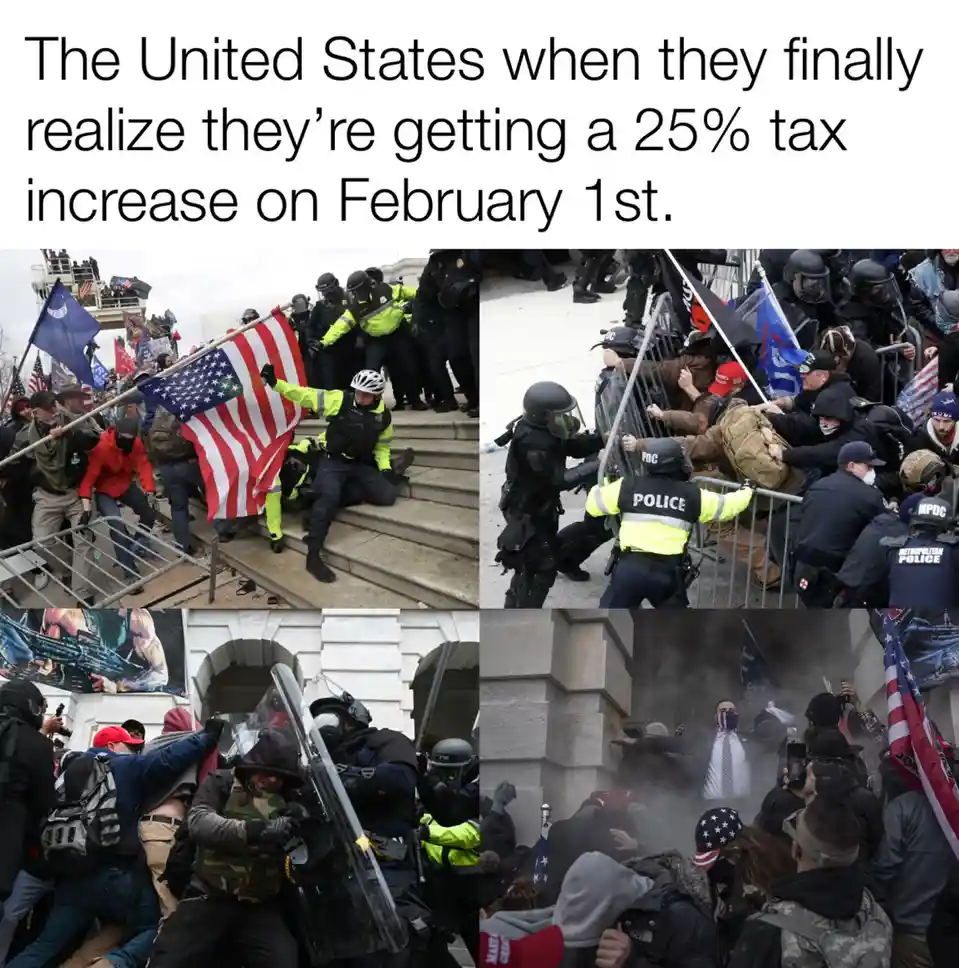 A four-panel collage shows police in riot gear confronting protesters with American flags and 'TRUMP' hats near a government…