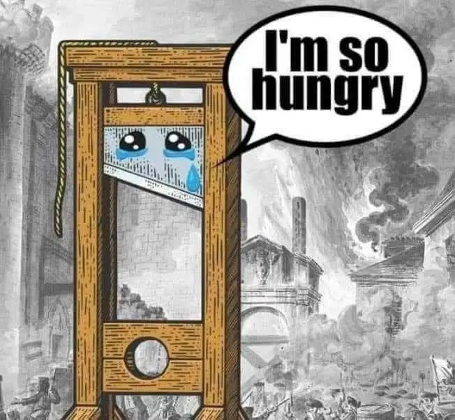 A cartoon guillotine with large teary eyes and a tear falling from its face, speaking in a speech bubble that says 'I'm so…
