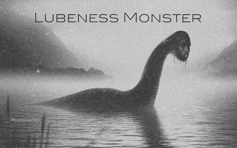 A black-and-white image shows a long-necked, serpentine creature resembling the Loch Ness Monster emerging from misty water…