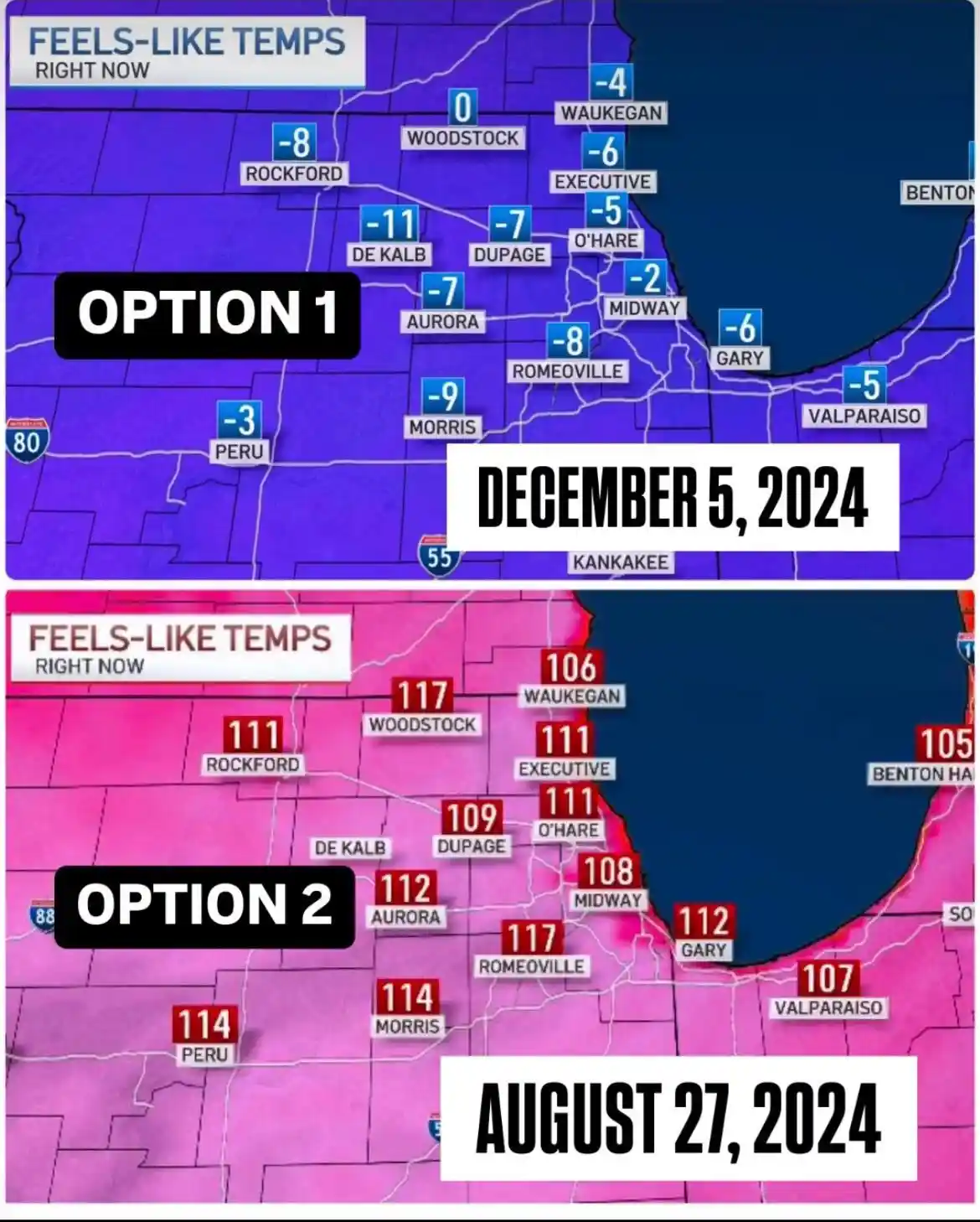The image displays two weather maps side-by-side, both labeled 'FEELS-LIKE TEMPS RIGHT NOW'. The top map, labeled 'OPTION 1'…
