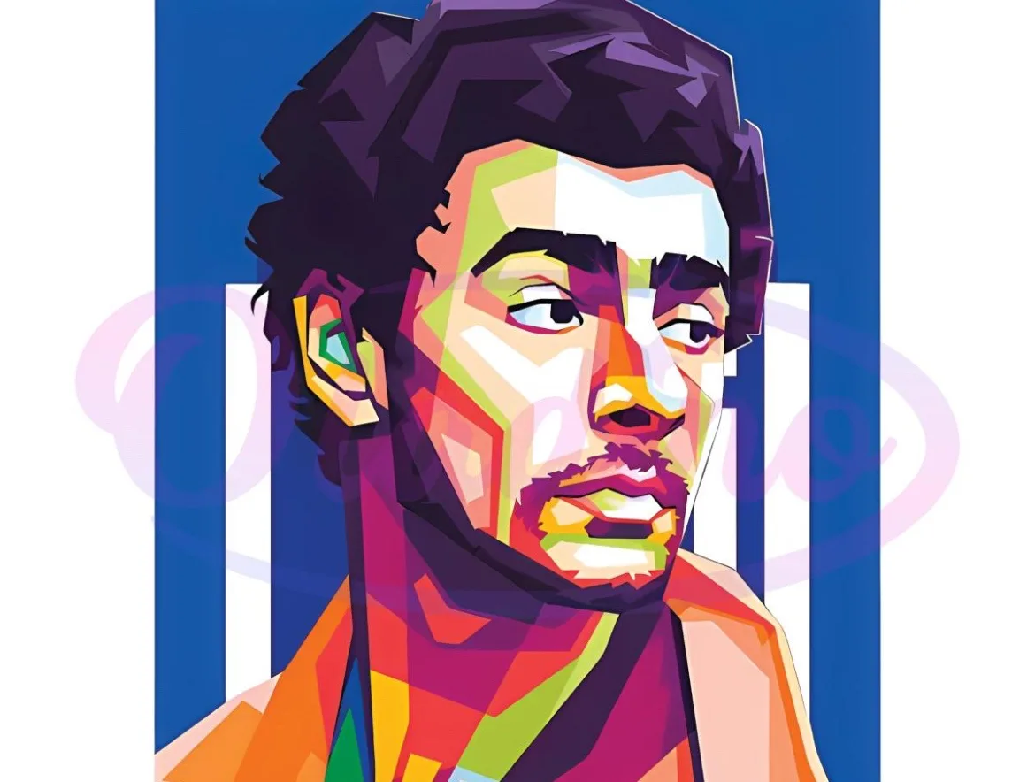A stylized, colorful, geometric portrait of a man with dark curly hair and a beard, wearing an orange top, set against a…