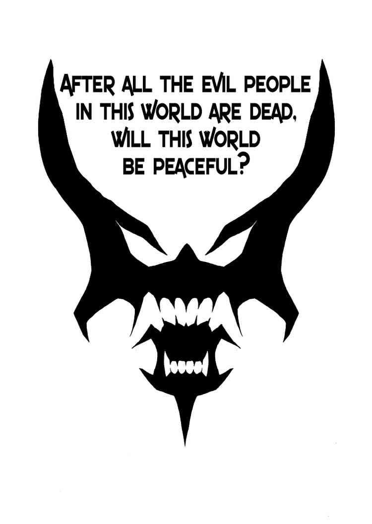 A black silhouette of a demonic face with sharp horns, glowing eyes, and a wide toothy grin against a white background. The…