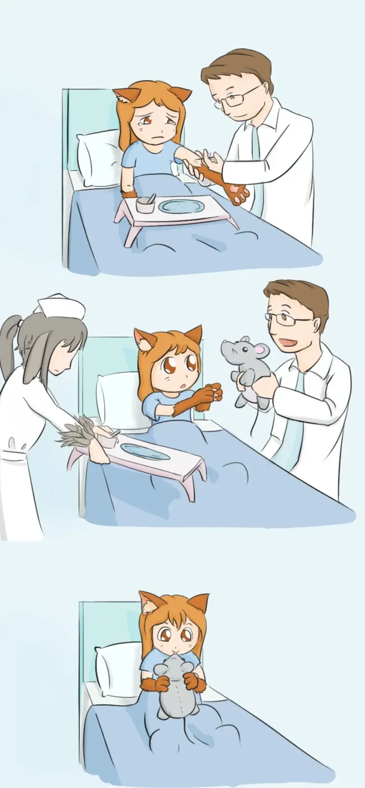 A three-panel comic shows a young girl with cat ears in a hospital bed. In the first panel, a doctor examines her injured…