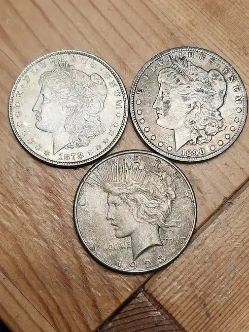 Three silver U.S. coins — two Morgan dollars (1878 and 1890) and one Peace dollar (1923) — are arranged on a wooden surface…