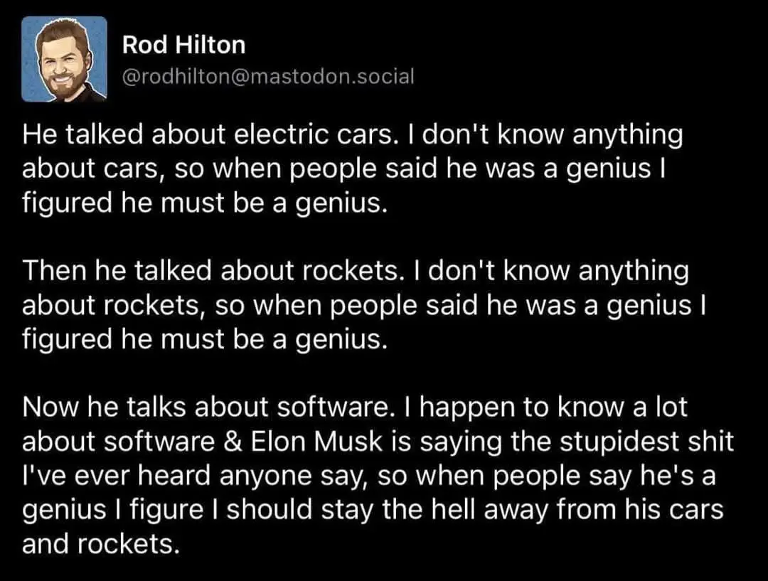A screenshot of a Mastodon post by Rod Hilton, featuring white text on a black background. The post humorously details a…