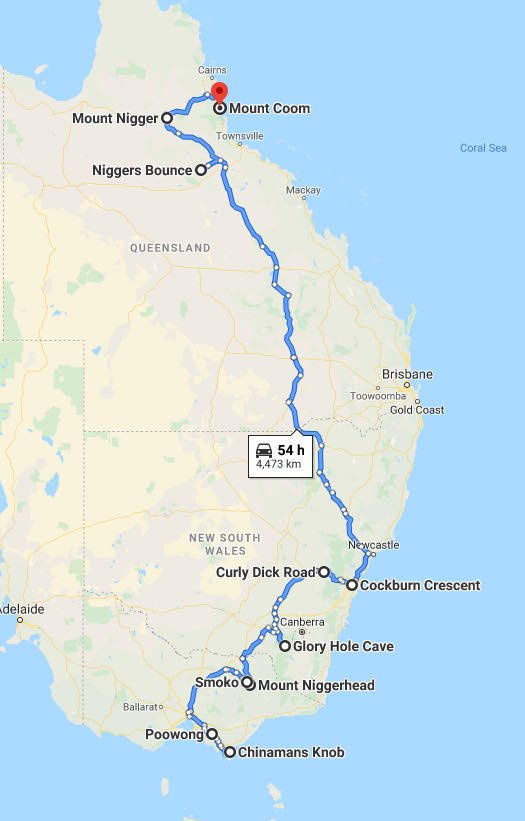 A map of Australia showing a long driving route from Cairns to Melbourne, marked with humorous, offensive place names like…