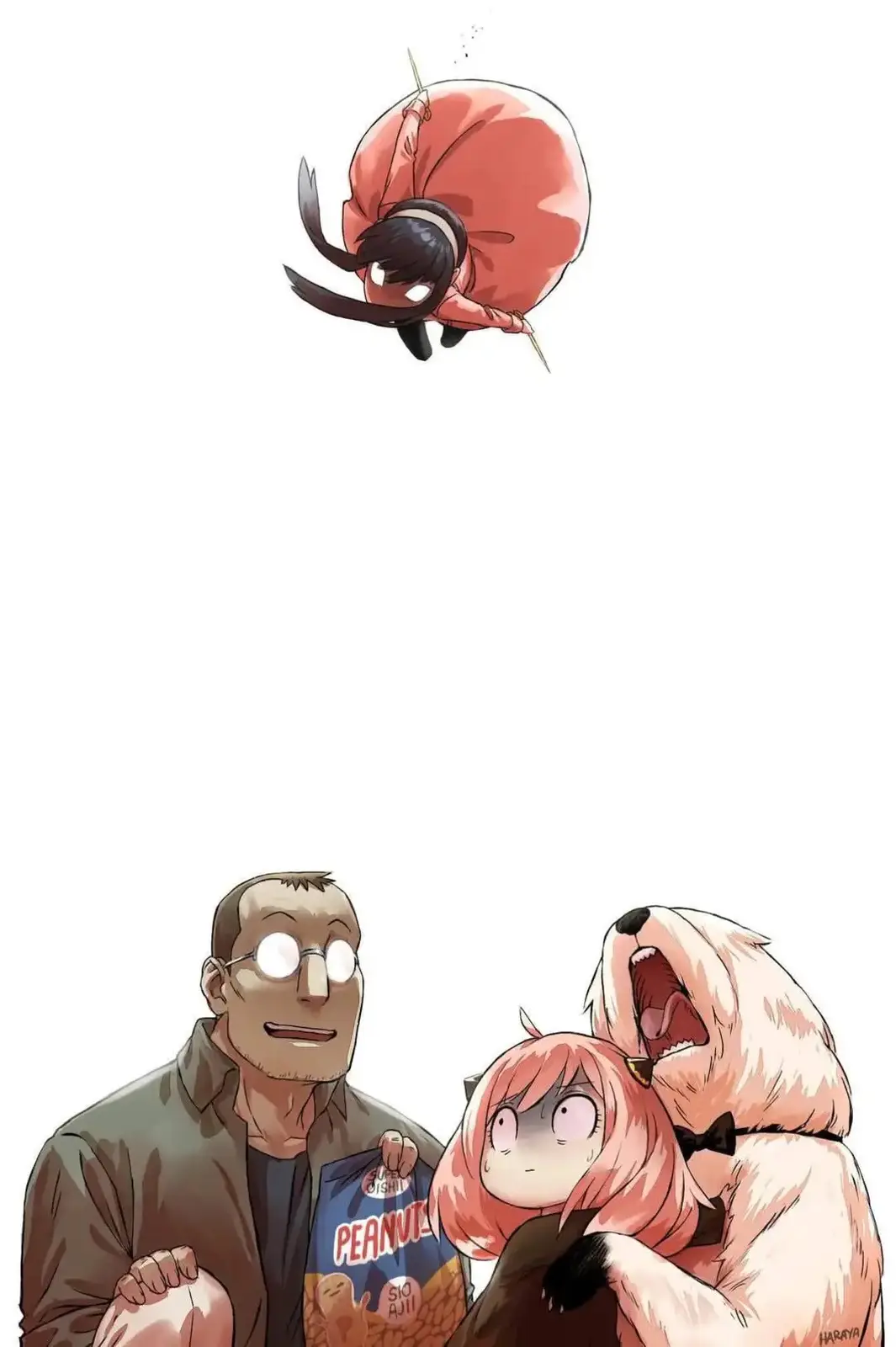 An anime-style image shows a character in a red outfit upside down and pinned by two skewers above, while below, a man…