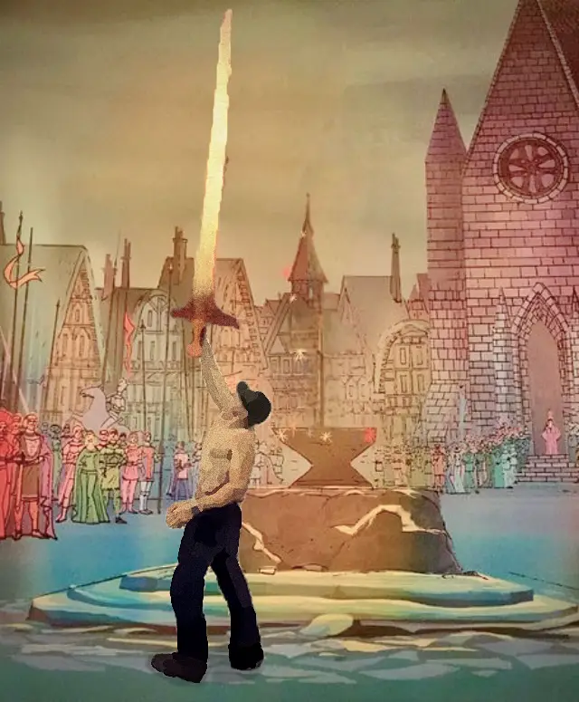 A digitally altered image shows a modern, shirtless man with dark pants and a hat, pulling a glowing sword from a stone…