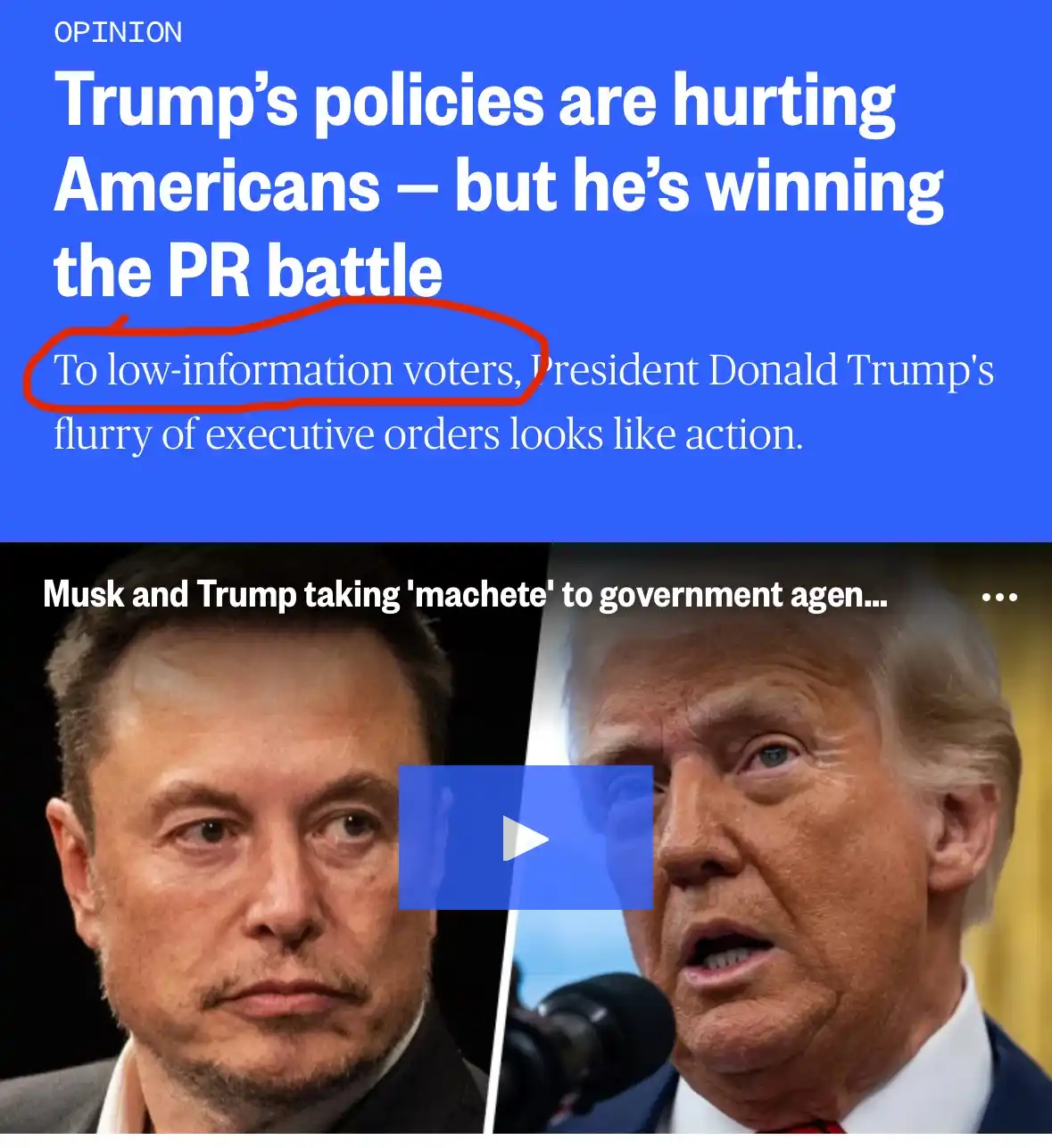 The image displays a split-screen with Elon Musk on the left and Donald Trump on the right, overlaid with a blue video…
