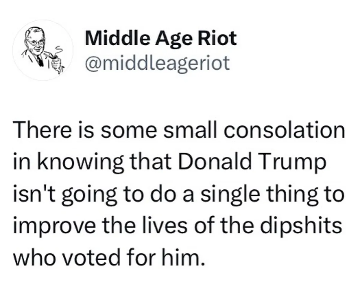 A screenshot of a tweet from the account 'Middle Age Riot' (@middleageriot) featuring a black-and-white cartoon avatar of a…