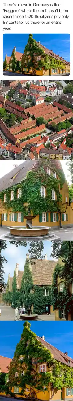 The image collage shows multiple views of the Fuggerei, a historic residential complex in Germany. Buildings with yellow…