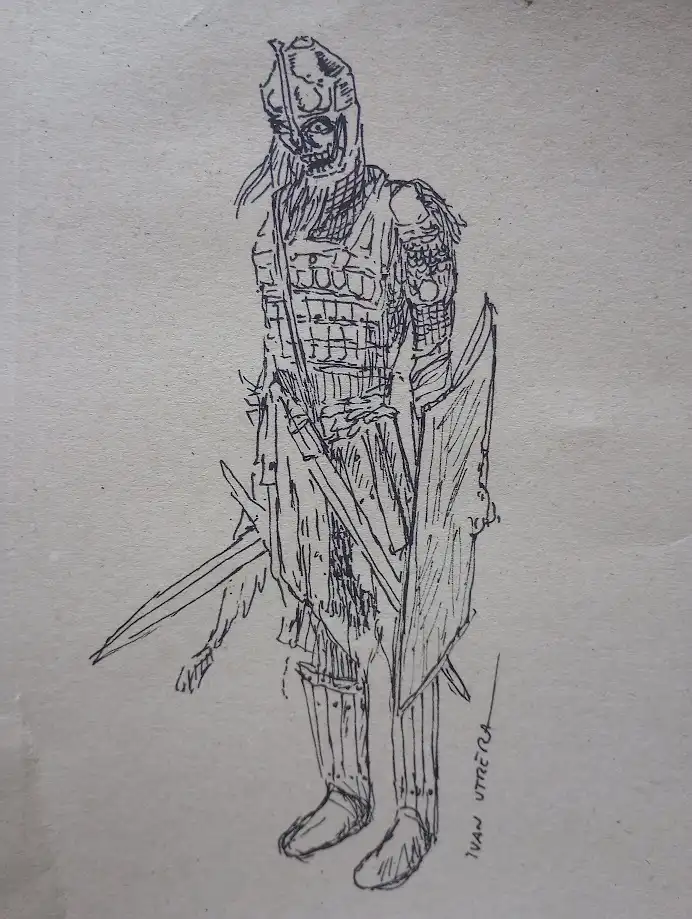 A rough black-and-white sketch of a heavily armored, helmeted warrior holding a sword and shield, drawn on textured paper…