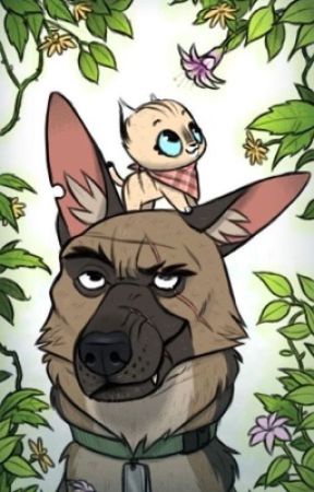 A cartoon German Shepherd dog with a grumpy, disappointed expression looks forward, with a small kitten perched on its head…