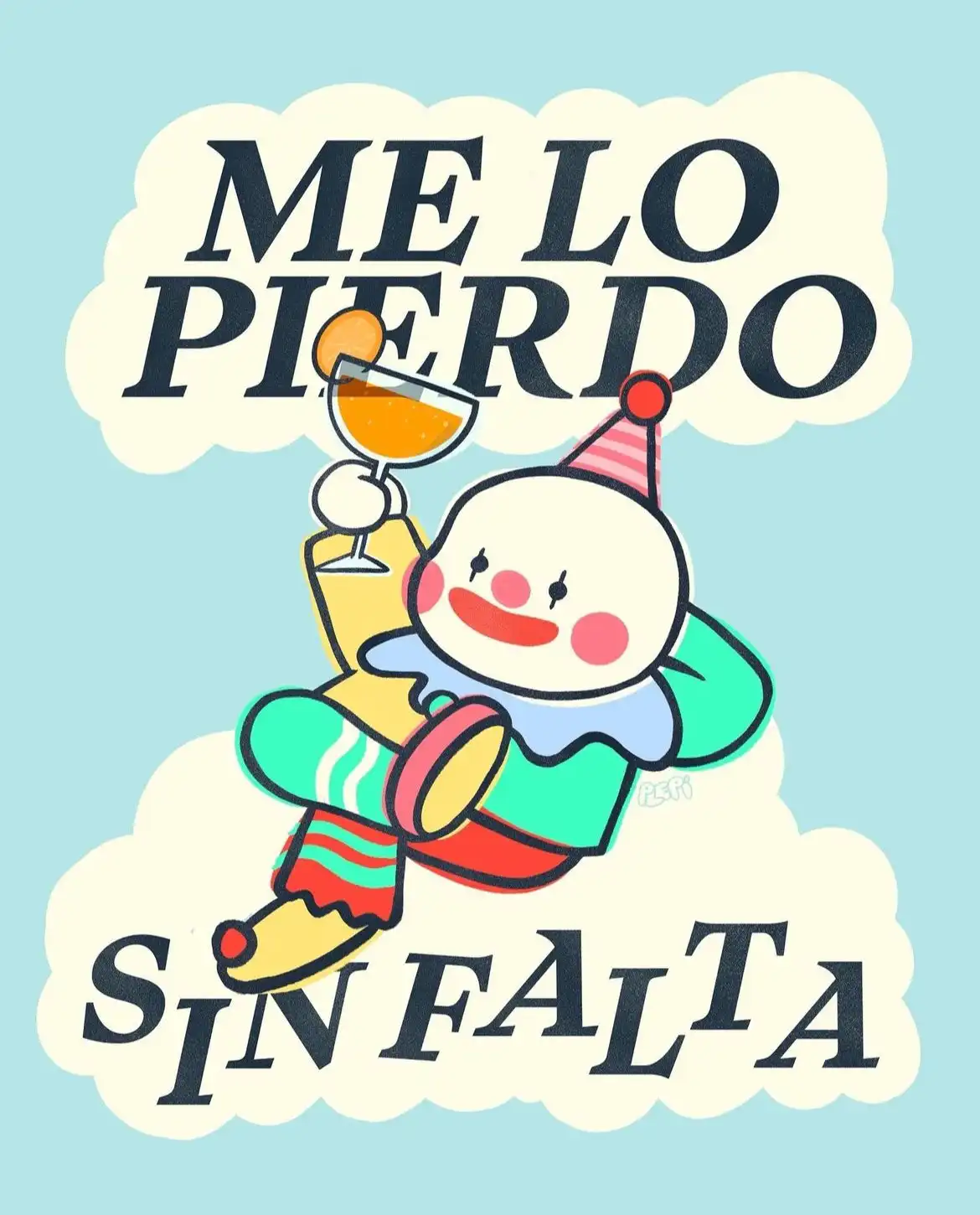 A cartoon clown wearing a party hat and colorful striped pants is joyfully holding up a cocktail glass with an orange slice…