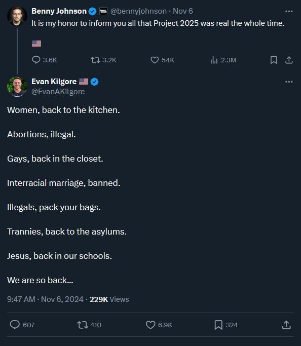 A screenshot of a Twitter thread shows Benny Johnson's tweet announcing 'Project 2025 was real the whole time,' followed by…