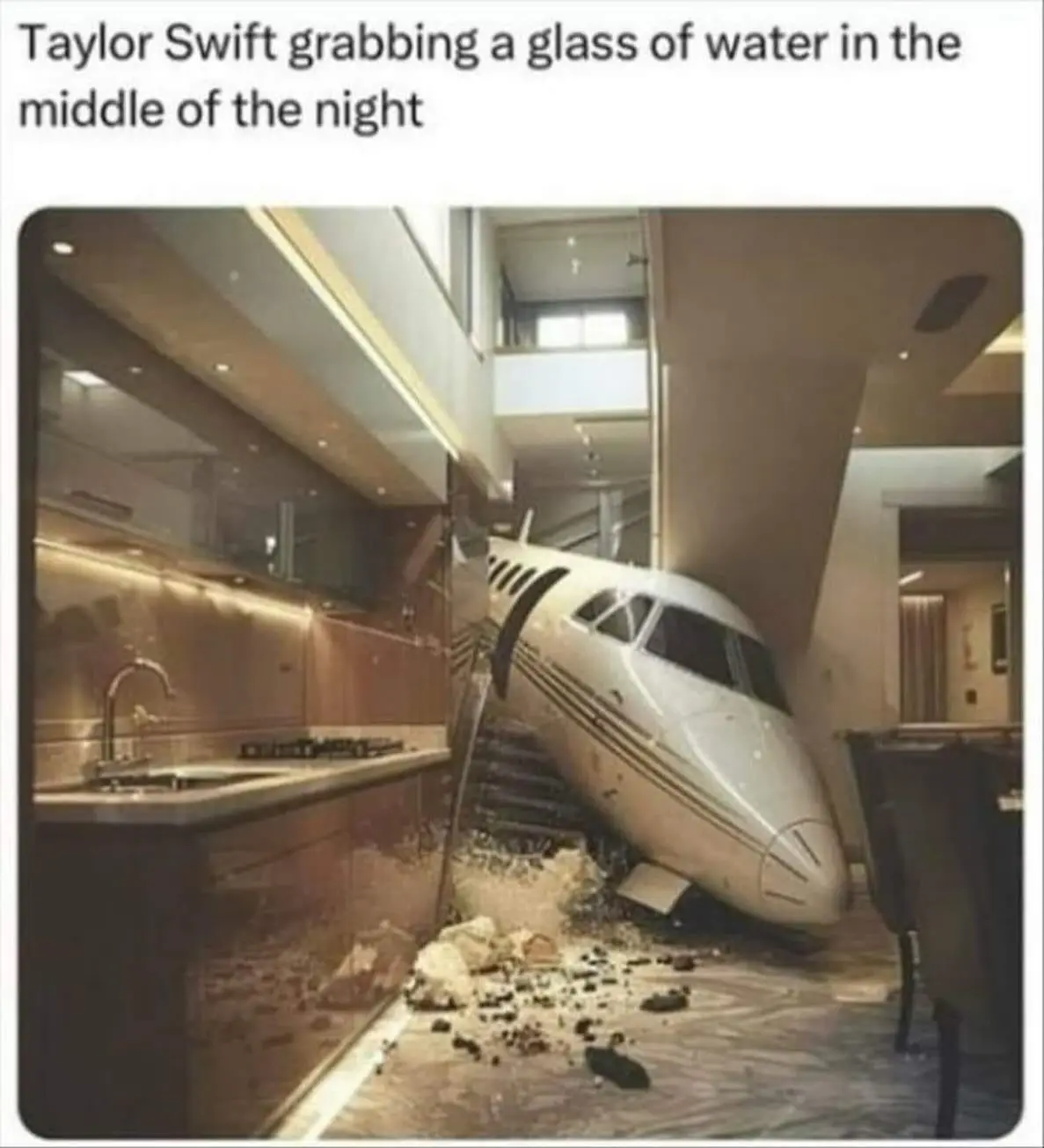 A private jet is crashed inside a luxurious modern kitchen, breaking through the wall and scattering debris on the floor…