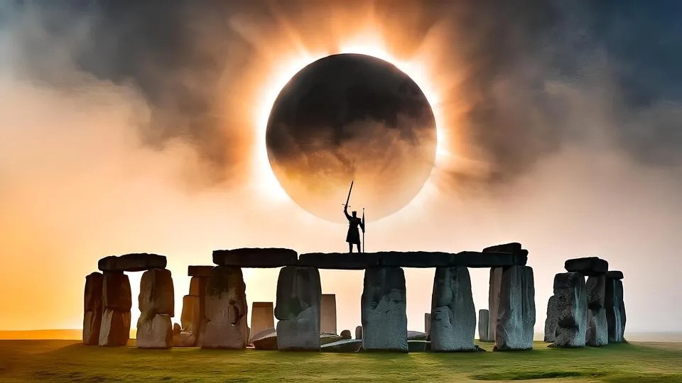 A silhouette of a person in medieval-style armor standing atop the stones of Stonehenge, holding a sword aloft, with a…