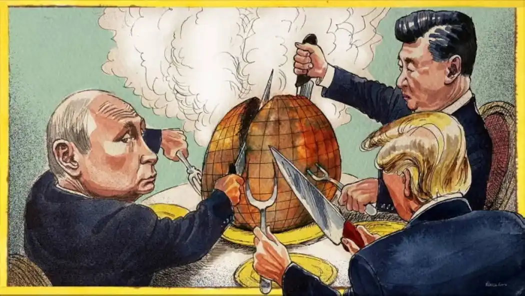 three men, identifiable as Vladimir Putin, Xi Jinping, and Donald Trump, are seated at a table carving a large roasted…