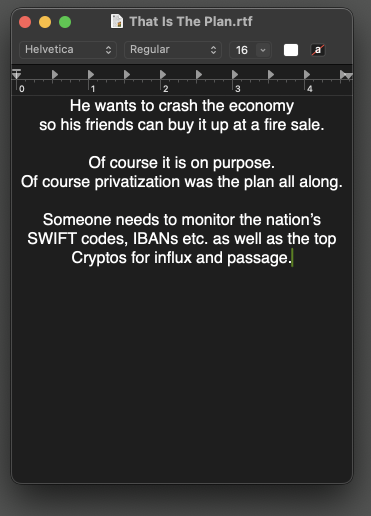 A screenshot of a dark-themed text editor window displaying a satirical text about economic sabotage and financial…