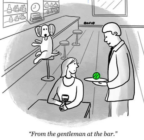 A black-and-white cartoon depicts a dog sitting on a barstool at a bar, looking up at a bartender who is holding a plate…