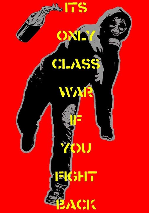 A black silhouette of a person wearing a gas mask and holding a Molotov cocktail against a bright red background. Yellow…