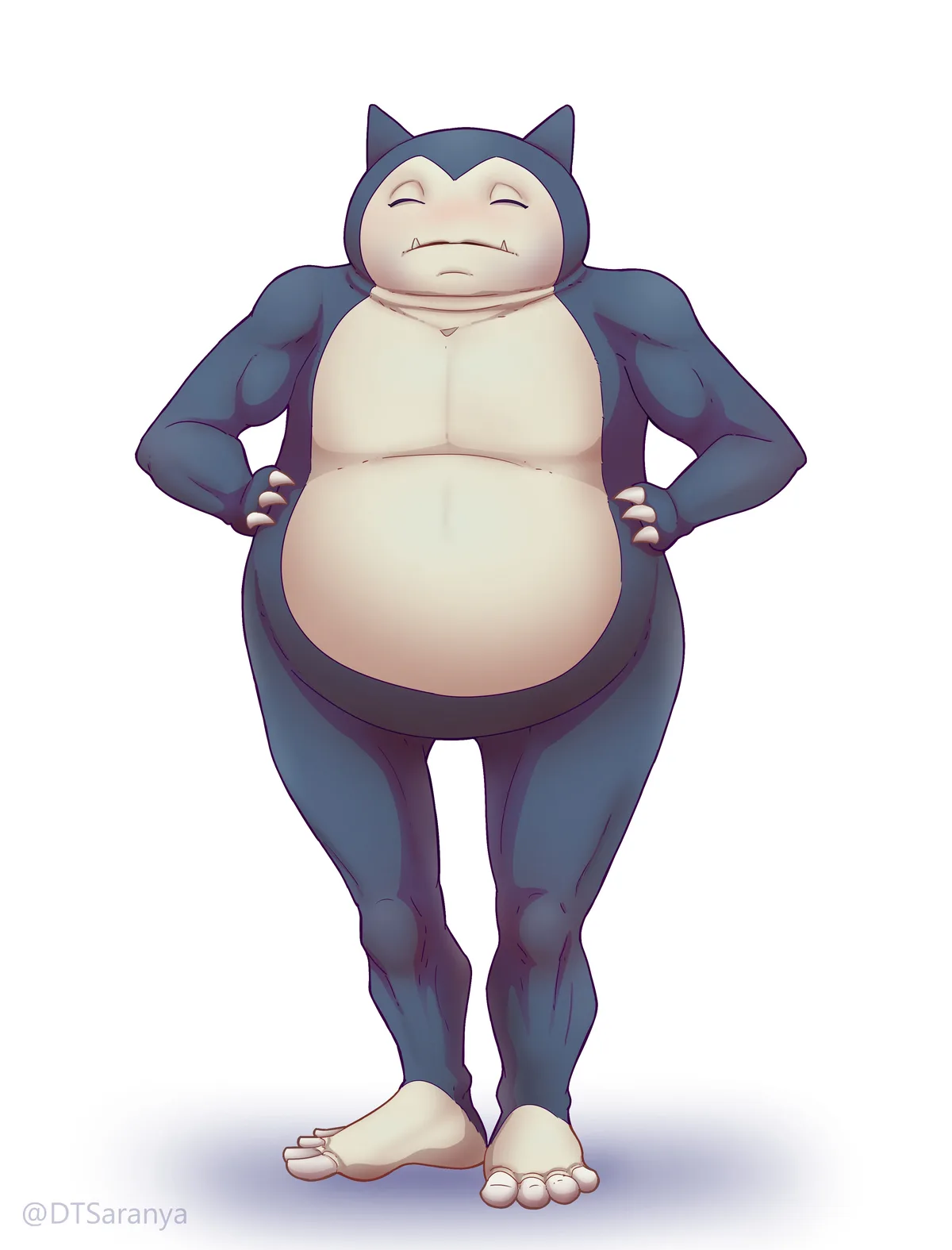 An anime-style illustration of the Pokémon Snorlax, depicted with a massively muscular physique and a large belly, standing…