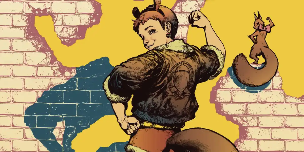 An illustrated image features a human woman with short hair and a pilot's jacket, flexing her bicep in a 'Rosie the Riveter'…