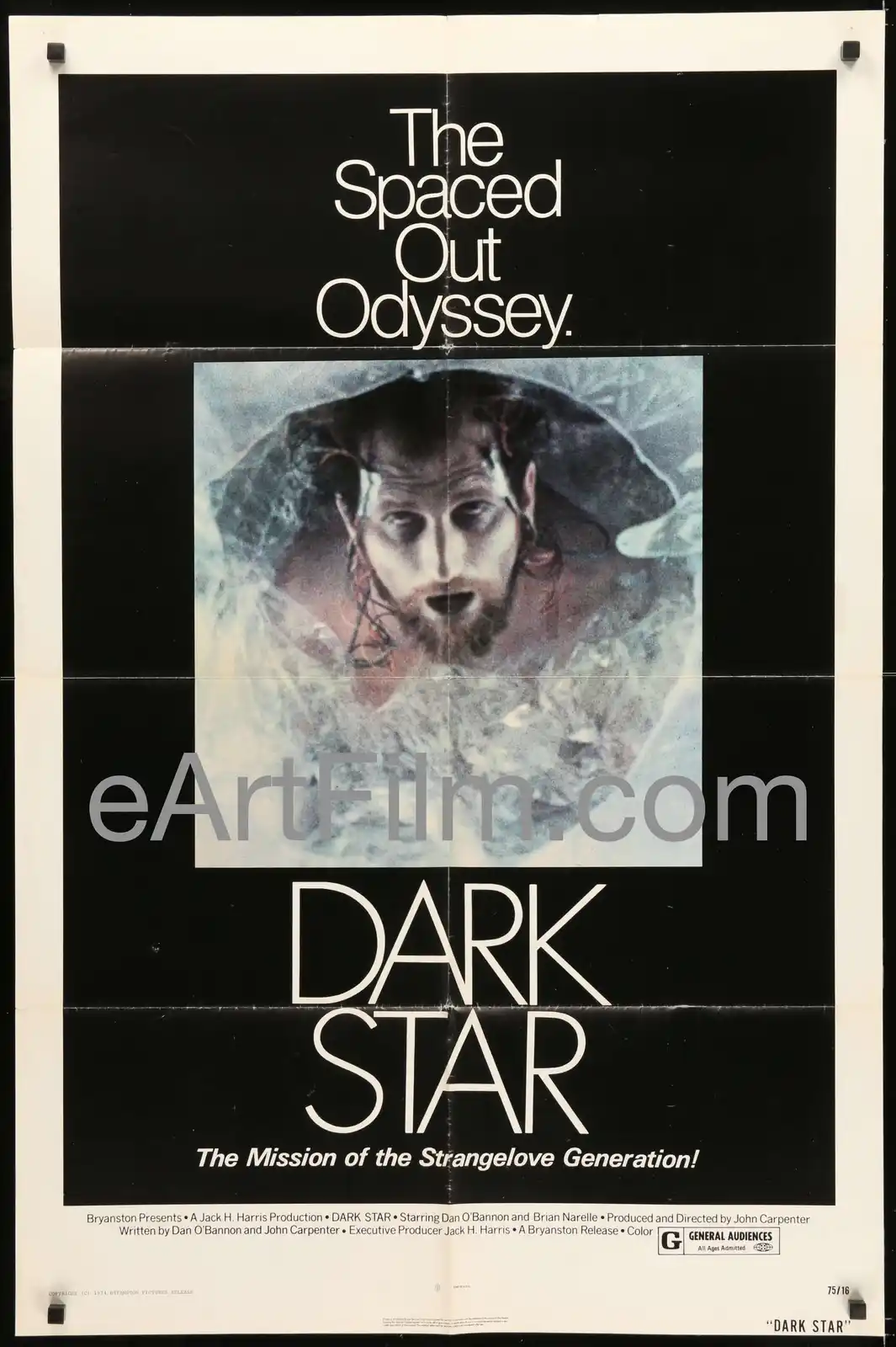 This is a vintage movie poster for the 1974 film 'Dark Star,' featuring a central image of a man's face surrounded by cosmic…